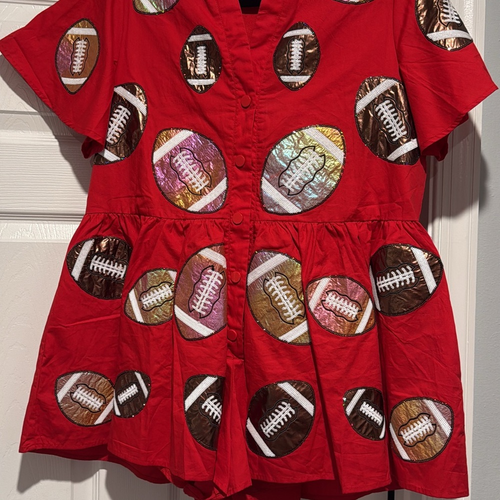 Queen of sparkles Red Football Print romper XS NWOT